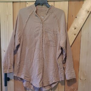Aerie Tan Button-Up Gauzy Long Sleeve Shirt